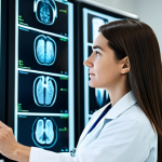 A professional female radiologist in a modest lab coat over a neat scrub top, standing confidently in a clean, brightly lit modern medical imaging center. She is interacting with a transparent, holographic display showing intricate, abstract data visualizations representing medical scans, her expression focused and thoughtful. The background features blurred, advanced medical equipment and soft, indirect lighting. The image emphasizes precision and innovation in healthcare. Perfect anatomy, correct proportions, natural pose, well-formed hands, proper finger count, natural body proportions, safe for work, appropriate content, fully clothed, professional.
