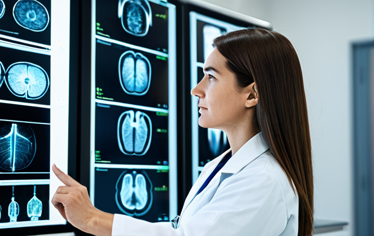 A professional female radiologist in a modest lab coat over a neat scrub top, standing confidently in a clean, brightly lit modern medical imaging center. She is interacting with a transparent, holographic display showing intricate, abstract data visualizations representing medical scans, her expression focused and thoughtful. The background features blurred, advanced medical equipment and soft, indirect lighting. The image emphasizes precision and innovation in healthcare. Perfect anatomy, correct proportions, natural pose, well-formed hands, proper finger count, natural body proportions, safe for work, appropriate content, fully clothed, professional.