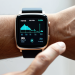 A professional adult, fully clothed in comfortable, modest athletic wear, gently touching a sleek smartwatch on their wrist. The watch face displays clear, abstract health data visualizations like heart rate graphs and sleep cycle patterns. The background is a clean, modern, well-lit home environment, suggesting a focus on personal wellness and data insights. The person has perfect anatomy, correct proportions, and a natural, calm pose, reflecting health and engagement with technology. safe for work, appropriate content, fully clothed, family-friendly, professional photography, high quality, natural body proportions, well-formed hands, proper finger count.