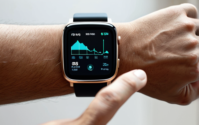 A professional adult, fully clothed in comfortable, modest athletic wear, gently touching a sleek smartwatch on their wrist. The watch face displays clear, abstract health data visualizations like heart rate graphs and sleep cycle patterns. The background is a clean, modern, well-lit home environment, suggesting a focus on personal wellness and data insights. The person has perfect anatomy, correct proportions, and a natural, calm pose, reflecting health and engagement with technology. safe for work, appropriate content, fully clothed, family-friendly, professional photography, high quality, natural body proportions, well-formed hands, proper finger count.