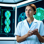 A focused professional scientist, mid-adult, wearing a clean lab coat and modest professional attire, stands in a brightly lit, futuristic genomics laboratory. Holographic projections display complex DNA sequences and intricate biological data patterns around them, illuminated by soft blue and green light. In the background, sleek, advanced computing equipment hums quietly. The scene emphasizes AI's role in deciphering genetic codes and recognizing hidden patterns, representing a breakthrough in understanding life. The scientist's pose is natural and engaged. Perfect anatomy, correct proportions, well-formed hands, proper finger count, natural body proportions, safe for work, appropriate content, fully clothed, professional dress, high-quality professional photography, ultra-realistic, detailed, sharp focus.