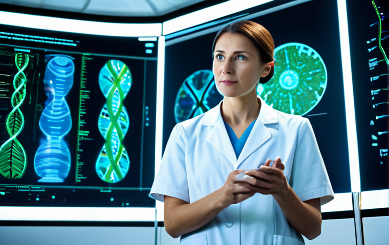 A focused professional scientist, mid-adult, wearing a clean lab coat and modest professional attire, stands in a brightly lit, futuristic genomics laboratory. Holographic projections display complex DNA sequences and intricate biological data patterns around them, illuminated by soft blue and green light. In the background, sleek, advanced computing equipment hums quietly. The scene emphasizes AI's role in deciphering genetic codes and recognizing hidden patterns, representing a breakthrough in understanding life. The scientist's pose is natural and engaged. Perfect anatomy, correct proportions, well-formed hands, proper finger count, natural body proportions, safe for work, appropriate content, fully clothed, professional dress, high-quality professional photography, ultra-realistic, detailed, sharp focus.