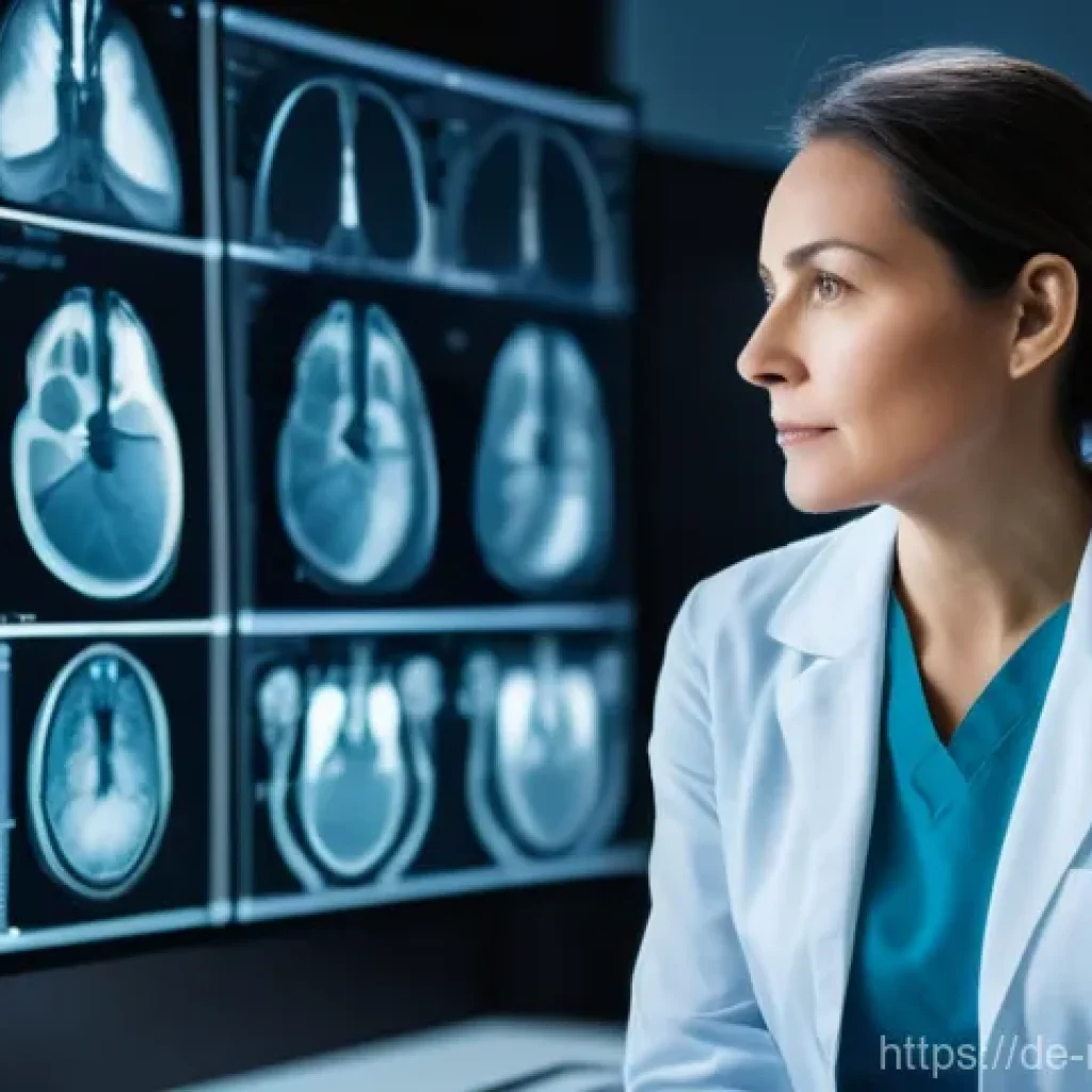 AI 진단 기술의 정확성에 대한 연구 - A highly detailed image of a modern radiology suite. A focused, middle-aged female radiologist, dres...