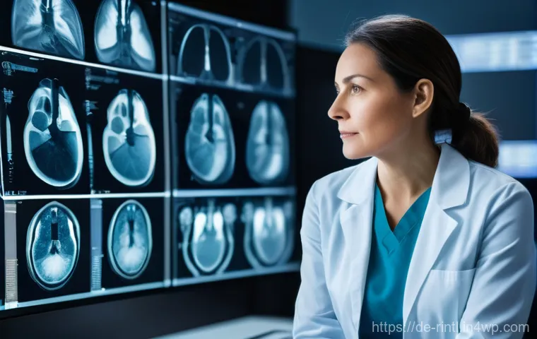 AI 진단 기술의 정확성에 대한 연구 - A highly detailed image of a modern radiology suite. A focused, middle-aged female radiologist, dres...