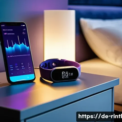 AI 기술을 활용한 수면 관리 팁 - A modern bedroom scene at night with a smart sleep tracker wristband lying on a bedside table next t...