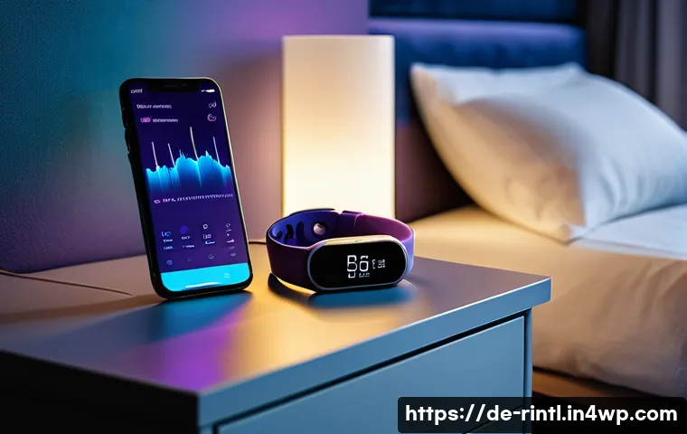 AI 기술을 활용한 수면 관리 팁 - A modern bedroom scene at night with a smart sleep tracker wristband lying on a bedside table next t...