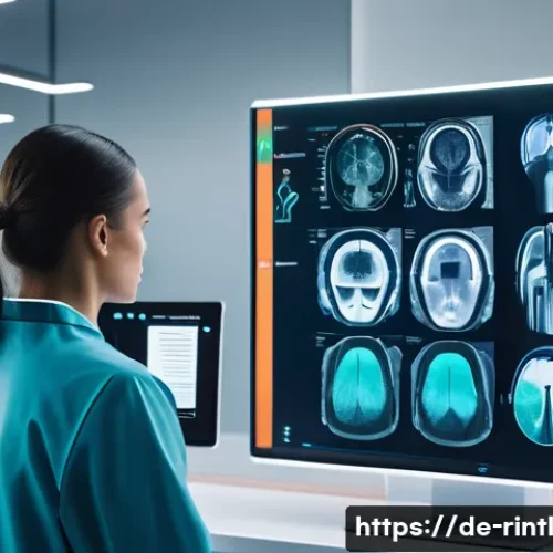 AI를 활용한 스포츠 의학의 발전 - A modern sports medicine clinic scene showing a professional athlete undergoing an MRI scan, with a ...