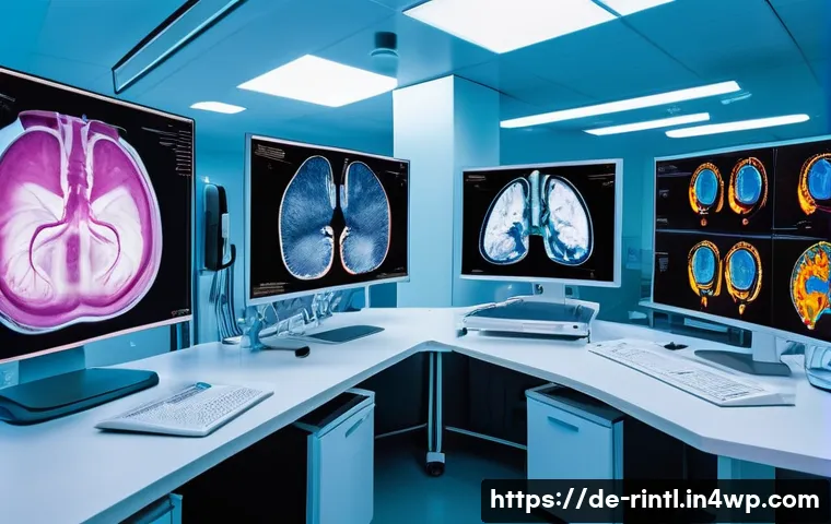 AI 의료 기술의 최신 발전 - A modern medical imaging laboratory in Germany, featuring a diverse team of doctors and AI specialis...