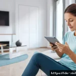 AI 기반 건강 관리 솔루션의 이점 - A modern German urban apartment interior featuring a middle-aged woman wearing a smartwatch and fitn...
