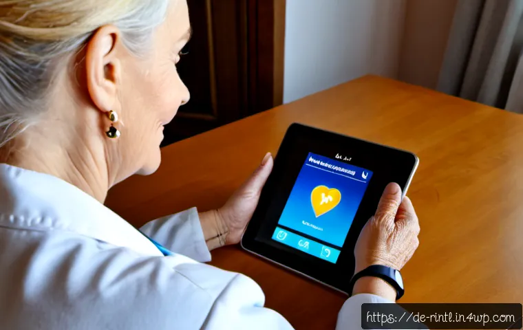 Home 16 AI 건강 트렌드 현재와 미래 - Photorealistic contemporary German healthcare scene, a friendly senior woman in her sixties seated a...